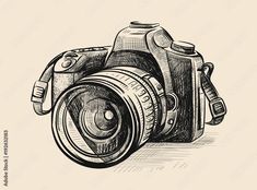 an old photo camera drawn in ink on paper, with the lens facing up to the viewer