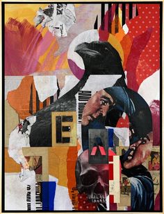 a collage of various images and words with an image of a man holding a bird