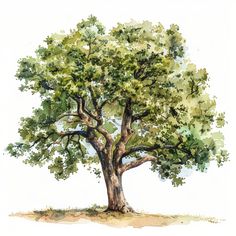 a watercolor painting of a tree with green leaves