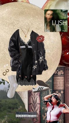 the collage shows an image of a woman in black clothes and other clothing items