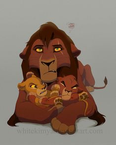 the lion family is hugging each other