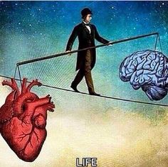 a man walking across a tightrope with a heart and brain attached to it