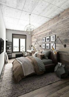 a bedroom with wood paneling and pictures on the wall above the bed, along with an area rug