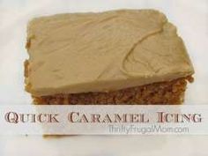 a close up of a piece of cake on a plate with the words quick caramel icing