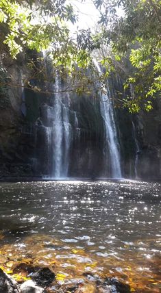 there is a large waterfall in the woods