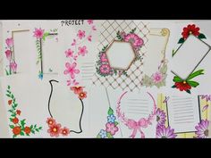 an open book with flowers and frames on the pages, including paper work in progress