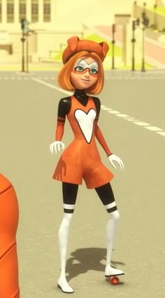 a cartoon character is standing in the middle of a street wearing an orange dress and white tights