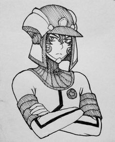 a drawing of an anime character wearing a helmet and holding his arms crossed in front of him