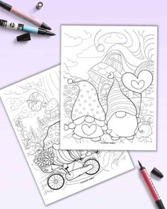 two coloring pages with markers and crayons next to them