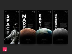 three vertical banners with space images and the words mars in white letters on black background