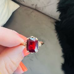 This A 10k Solid Gold Vintage Garnet Ring For Lovers Of Deep Red And Emerald Cut. Garnet Jewelry Set, Vintage Garnet Ring, Maroon Aesthetic, Garnet Ring Vintage, Garnet Jewelry, Garnet Ring, Garnet Rings, Ruby Ring, For Lovers