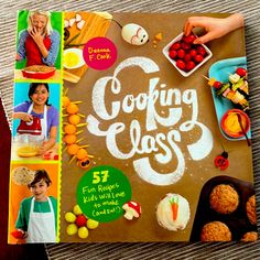 a cookbook with pictures of food on the front and back cover that says cooking class