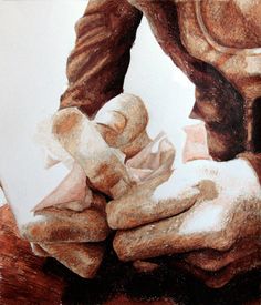 a painting of a man holding something in his hands