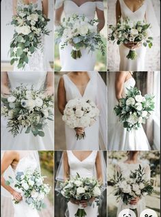 a collage of photos showing different bouquets and bride's dresses in white