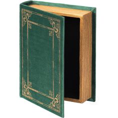 an open green book with gold trimmings on the front and sides, in a wooden box