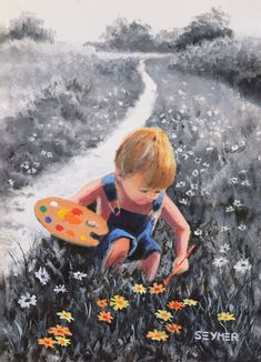 a painting of a little boy kneeling in the grass