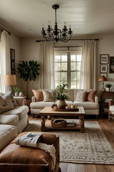 a living room filled with furniture and a chandelier hanging from the ceiling in front of a window