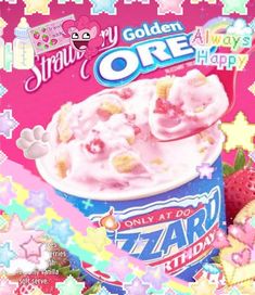 an ice cream advertisement with stars and hearts on the side, in front of a pink background