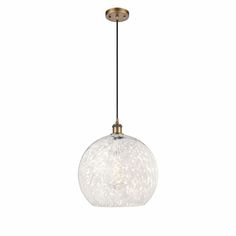 a light fixture with a glass ball hanging from it's end, on a white background