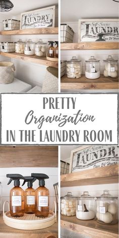 some shelves that have jars and bottles on them with the words pretty organization in the laundry room