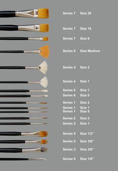 the different types of paint brushes are shown in this chart, and each has their own size