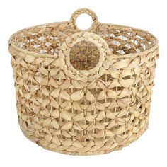 a woven basket is shown with a handle on the top and bottom half of it