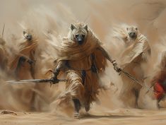 an image of a group of people in the desert with animals on their backs and one person holding two swords