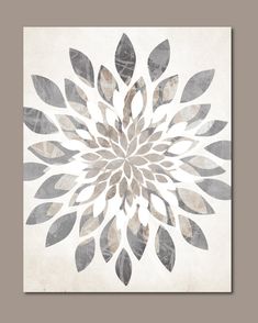 a white and gray flower with leaves on it's center is featured in this abstract painting