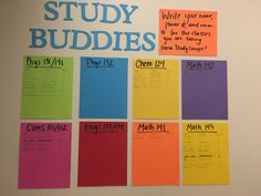 a bulletin board with colorful sticky notes on it that say, study buddiess