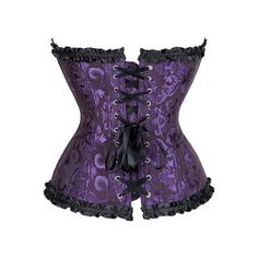 Elevate your fashion with our Purple Gothic Ruffle Trim Overbust Corset. This hourglass-shaped corset, made from a blend of luxurious polyester and spandex, features a stunning purple hue and delicate black ruffle trim. Complete with an eyelet lace-up tie back for added sophistication, it's a must-have addition to any wardrobe for a stylish look. Hourglass-shaped silhouette Luxurious polyester and spandex blend Stunning purple hue with delicate black ruffle trim Eyelet lace-up tie back for added Corset Purple, Purple Gothic, Kawaii Socks, Stylish Wardrobe, Gothic Corset, Overbust Corset, Kawaii Jewelry, Eyelet Lace, Purple Hues