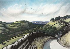 a drawing of a train going over a bridge with hills in the background and birds flying overhead