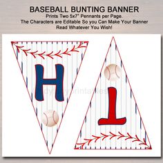 a baseball bunting banner with the letter h and two baseballs on top of it