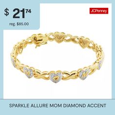 She's brightened your life numerous times; return the favor with this diamond-accent link bracelet that spells out "MOM" across the hearts.Dimensions: 8mm WideSome diamonds may consist of fewer than 17 facets.Jewelry photos are enlarged to show detail.Features: In A Gift Box, Mom JewelryCircumference: 7 1/4 InchJewelry Closure: Box ClaspShape: HeartMetal Color: Gold ToneChain Length: 7 1/4 InchCare: Wipe CleanStone Type: 1 Genuine DiamondBracelet Type: Tennis BraceletsMetal: 18k Gold Over Brass… Diamond Accented Jewelry For Anniversary On Mother's Day, Mother's Day Anniversary Jewelry With Diamond Accents, Valentine's Day Jewelry Bracelet Gift For Mom, Valentine's Day Bracelet Jewelry Gift For Mom, Valentine's Day Gift Bracelet For Mom, Elegant Heart-shaped Bracelet For Mom, Elegant Mother's Day Bracelet With Engraving, Heart Shaped Bracelet For Anniversary Or Mother's Day, Heart-shaped Bracelet For Anniversary And Mother's Day