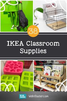 the words ikea classroom supplies are shown in four different pictures, including green and white