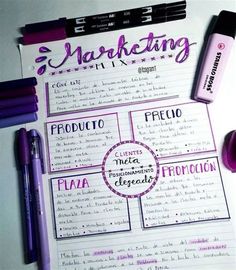 some pens and markers are laying on top of a sheet of paper that says marketing