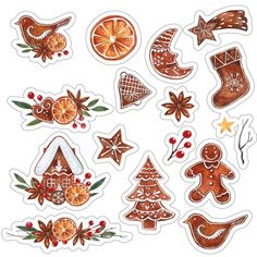 christmas stickers are arranged in the shape of gingers, oranges and cookies