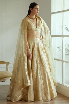 Shop for Studio Iris India Gold Raw Silk Melora Embroidered Lehenga Set for Women Online at Aza Fashions Gold Colour Lehenga, Gold Dupatta, Studio Iris, Golden Lehenga, Gold Organza, Mirror Work Lehenga, Organza Lehenga, Organza Blouse, Desi Wear