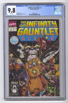 the cover to the comic's first appearance, the infinity gaunter is on display