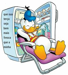 a cartoon duck sitting in a chair next to an open refrigerator