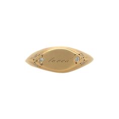 This 14k gold hand-carved ring has an engravable surface accented with 6 grain-set diamonds.  This ring can be ordered plain (with no engraving) or engraved - with one initial or up to 5 characters. In-stock ring: Accent stones: 6 white round diamondsMetal: 14k yellow goldBand type: knife-edgeSize: 6 3/4 - can be resiz Luxury Rose Gold Hallmarked Signet Ring, Luxury Rose Gold Signet Ring With Vs Clarity, Luxury Engagement Signet Ring With Open Design, Luxury Vintage Signet Ring With Engraving Option, Luxury Vintage Open Signet Ring, Luxury Vintage Signet Ring With Polished Finish, Cygnet Ring, Signet Ring With Stone, Memento Mori Ring