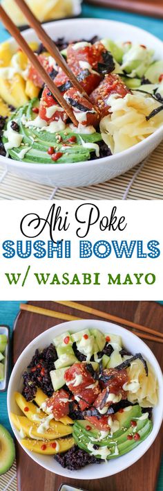 this is an image of a bowl of sushi bowls with chopsticks in it