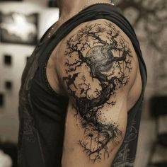 Black Tattoos Shoulder, Ancient Tattoos For Men, Back Tattoo Men Upper, Single Needle Tattoo Men, Tattoo Tree Men, Gods Tattoos Mythology, Men Tattoo Shoulder, Tree Tattoo On Shoulder, Air Force Tattoos For Men