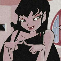 an animated image of a woman in a black dress with her hand on her hip