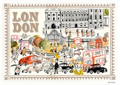 a drawing of people and cars in front of a building with the words lon don on it