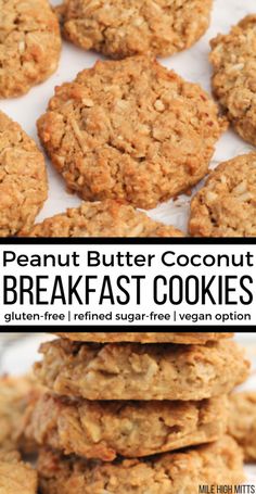 peanut butter coconut breakfast cookies stacked on top of each other with the title above it