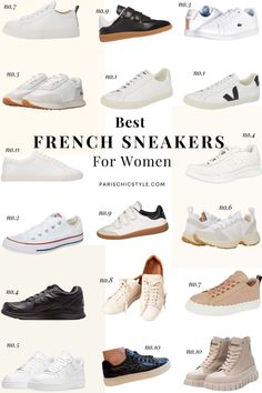 Affordable French sneakers French women wear in Paris & worldwide.  Stylish Parisian sneakers for everyday street style shoes, walking, travel, work, & sightseeing. Veja French Sneakers, Chloe Parisian Sneakers, Yves Saint Laurent Paris Sneakers, Lacoste French Sneakers, Andre Paris Sneakers, Converse Chuck Taylor, New Balance Sneakers, Nike Air Sneakers, Sezane Trainers, Isabel Marant Parisian Sneakers. #frenchsneakers #frenchsneakerbrands #parisiansneakers #parischicstyle Paris Chic Style White Sneakers Classy Outfit, 2023 Sneakers Women, Expensive Sneakers Women, Trending White Shoes, Latest Sneakers For Ladies 2023, Mia Sneakers Outfit, High End Sneakers Women, Trendy Womens Sneakers 2023, Basic Sneakers For Women 2023