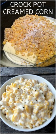 crock pot creamed corn in a white bowl next to a red and white sign with the words crock pot creamed corn on it