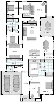 the floor plan for a house with two cars parked in it and three living areas