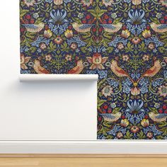 an image of a wallpaper with birds and flowers in blue, red, yellow and green colors