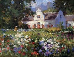 a painting of a house in the middle of flowers